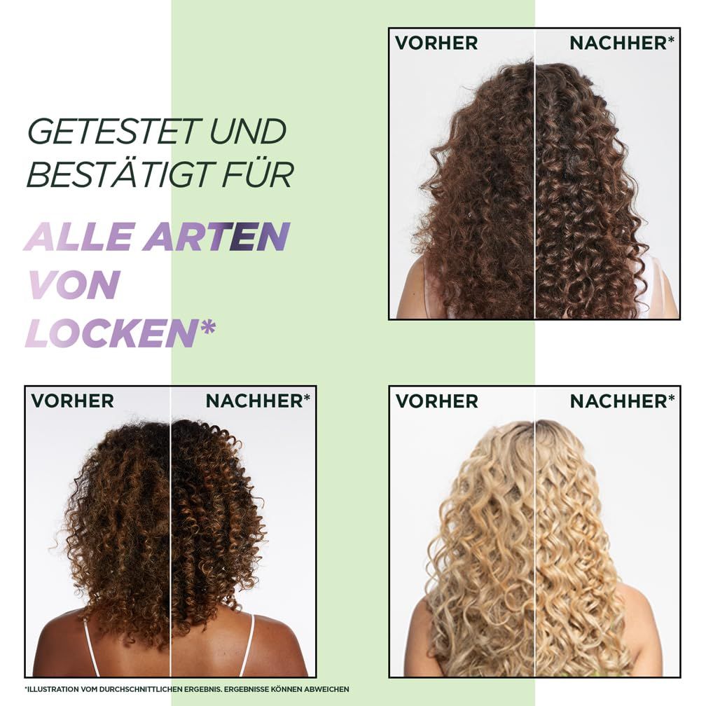 Vorher-Nachher-Vergleich von lockigem Haar. Text: Getestet und bestätigt für alle Arten von Locken.