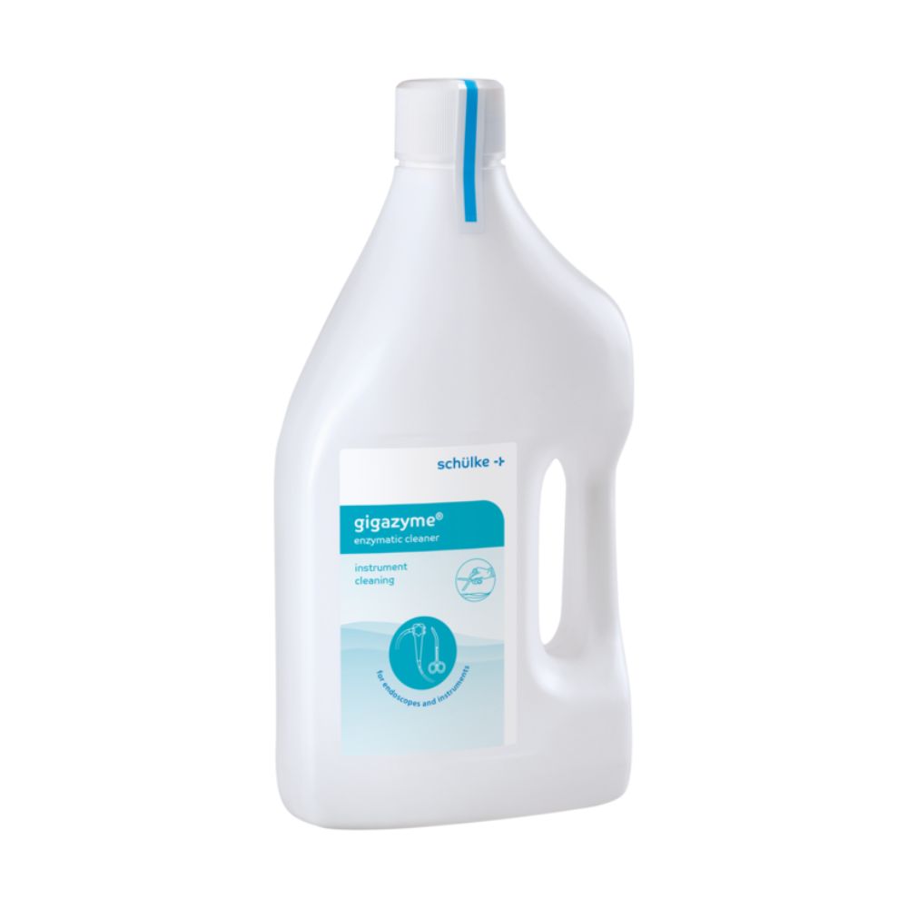 Weiße Flasche mit blauem Streifen und Griff. Aufschrift: gigazyme® enzymatic cleaner. Logo und Text für Instrumentenreinigung.