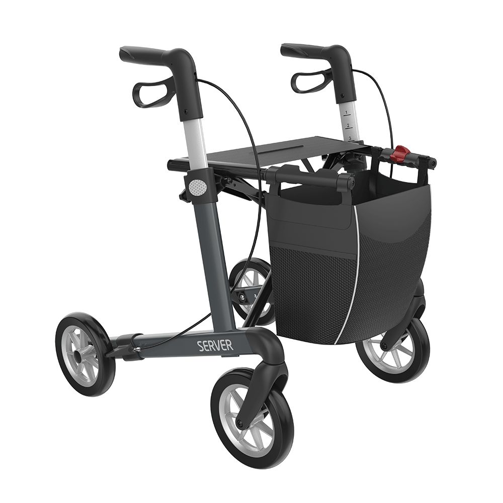 Grauer Rollator mit drei Rädern, Korb und Tablett. Schwarze Griffe und Bremsen. Aufschrift SERVER.