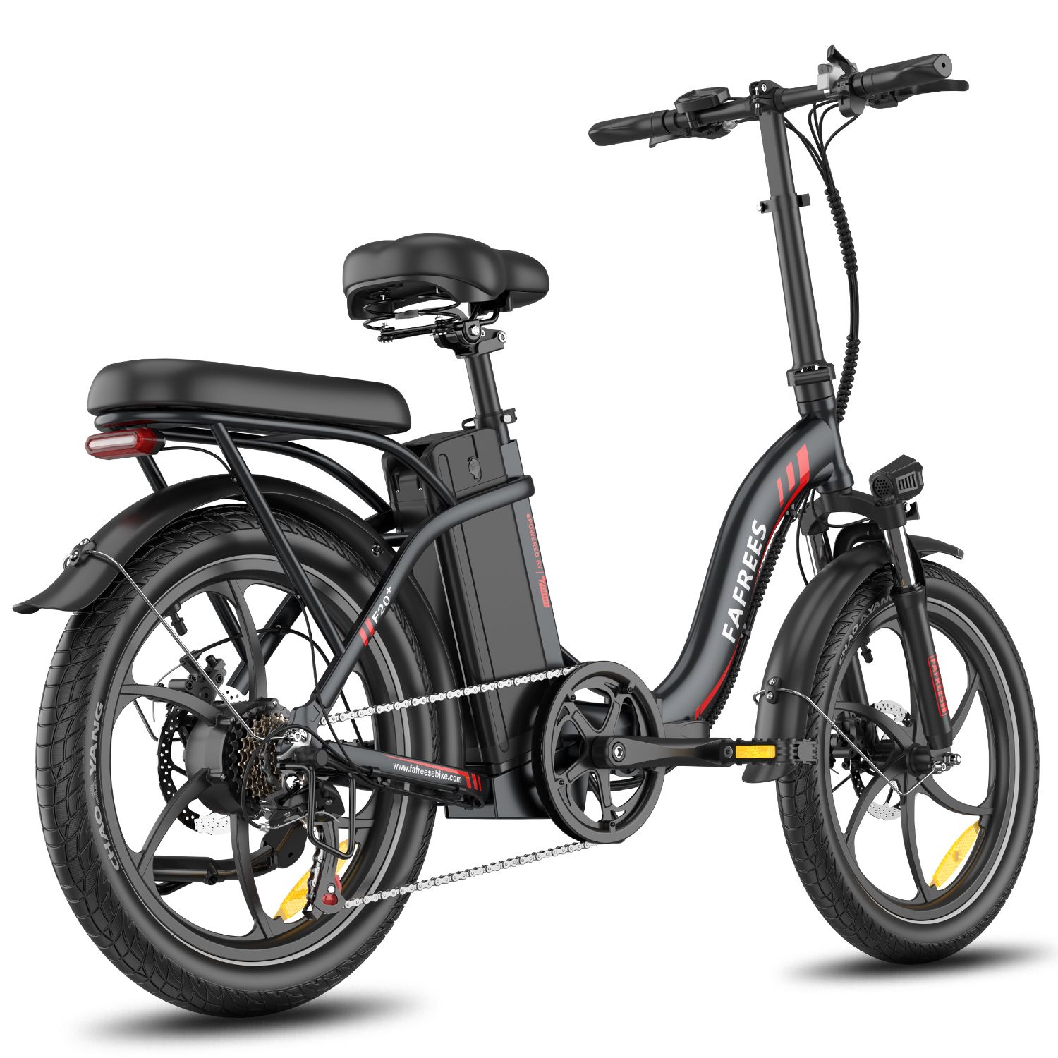 Faltbares E-Bike Fafrees F20+ in Schwarz. Sichtbar: Sattel, Gepäckträger, Akku, Schutzbleche, Felgen mit roter Akzentlinie.
