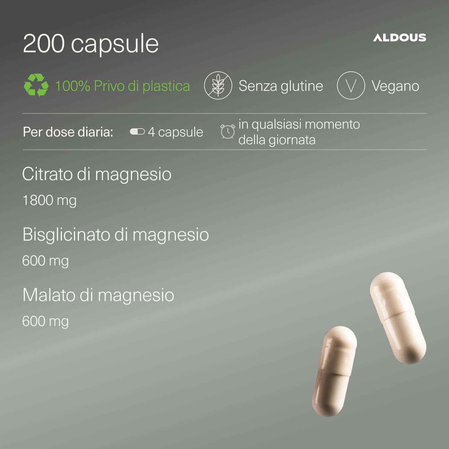 Aldous Magnesio: 200 Kapseln, 100% plastikfrei, glutenfrei, vegan. 4 Kapseln täglich.