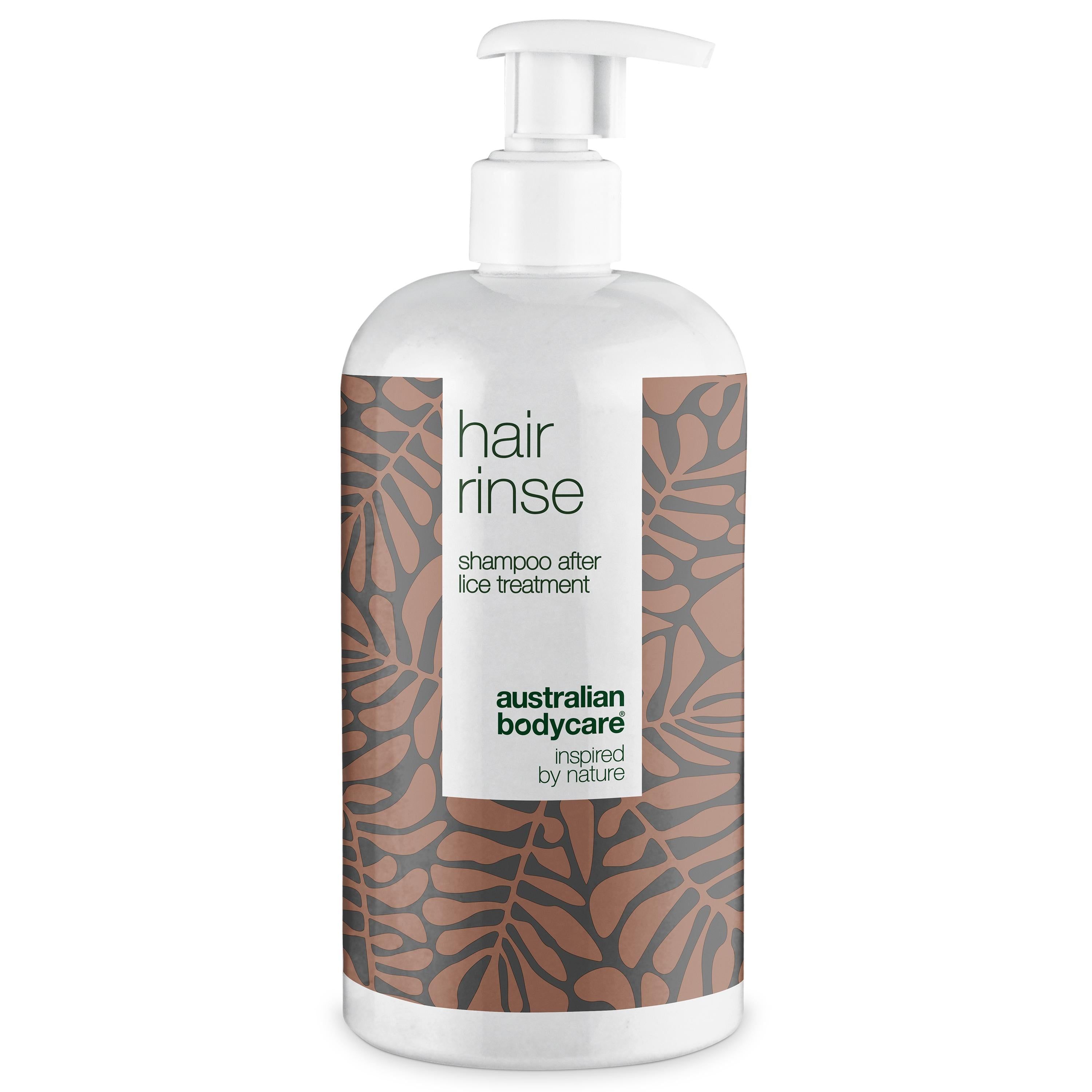 Weiße Flasche mit Pumpe. Aufschrift: hair rinse, shampoo after lice treatment. Marke: Australian Bodycare.