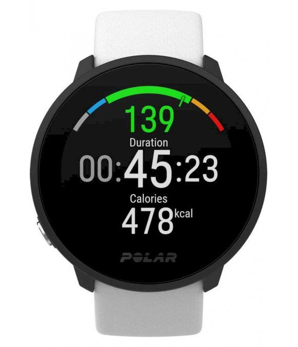 Polar Unite Fitnessuhr mit Trainingsdaten. Anzeige: Zeit, Kalorien, Herzfrequenz. Schwarzes Gehäuse, weißes Armband.