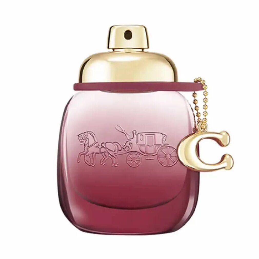 Coach Wild Rose EdP Nat. Spray. Rosa Flakon mit goldfarbenem Verschluss und Anhänger. Motiv: Kutsche.