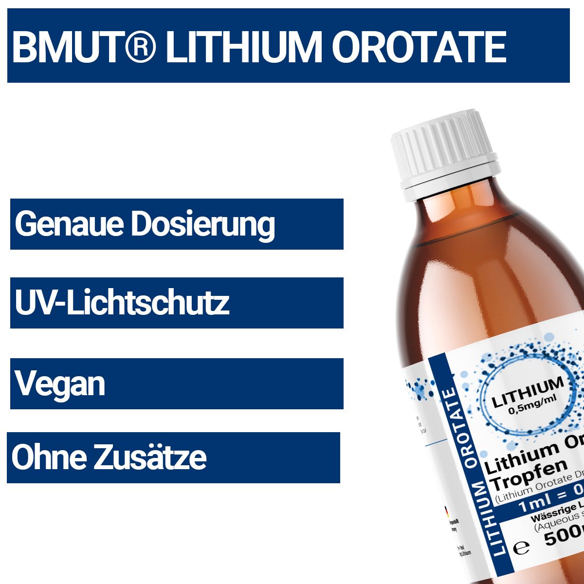 Braunglasflasche mit Etikett. Enthält Lithium Orotate Tropfen. Text: Genaue Dosierung, UV-Lichtschutz, Vegan, Ohne Zusätze. 500ml.
