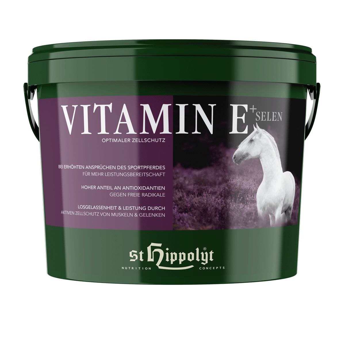 Grüner Eimer mit Aufschrift "Vitamin E+ Selen". Abbildung eines Pferdes. Text: Optimaler Zellschutz.