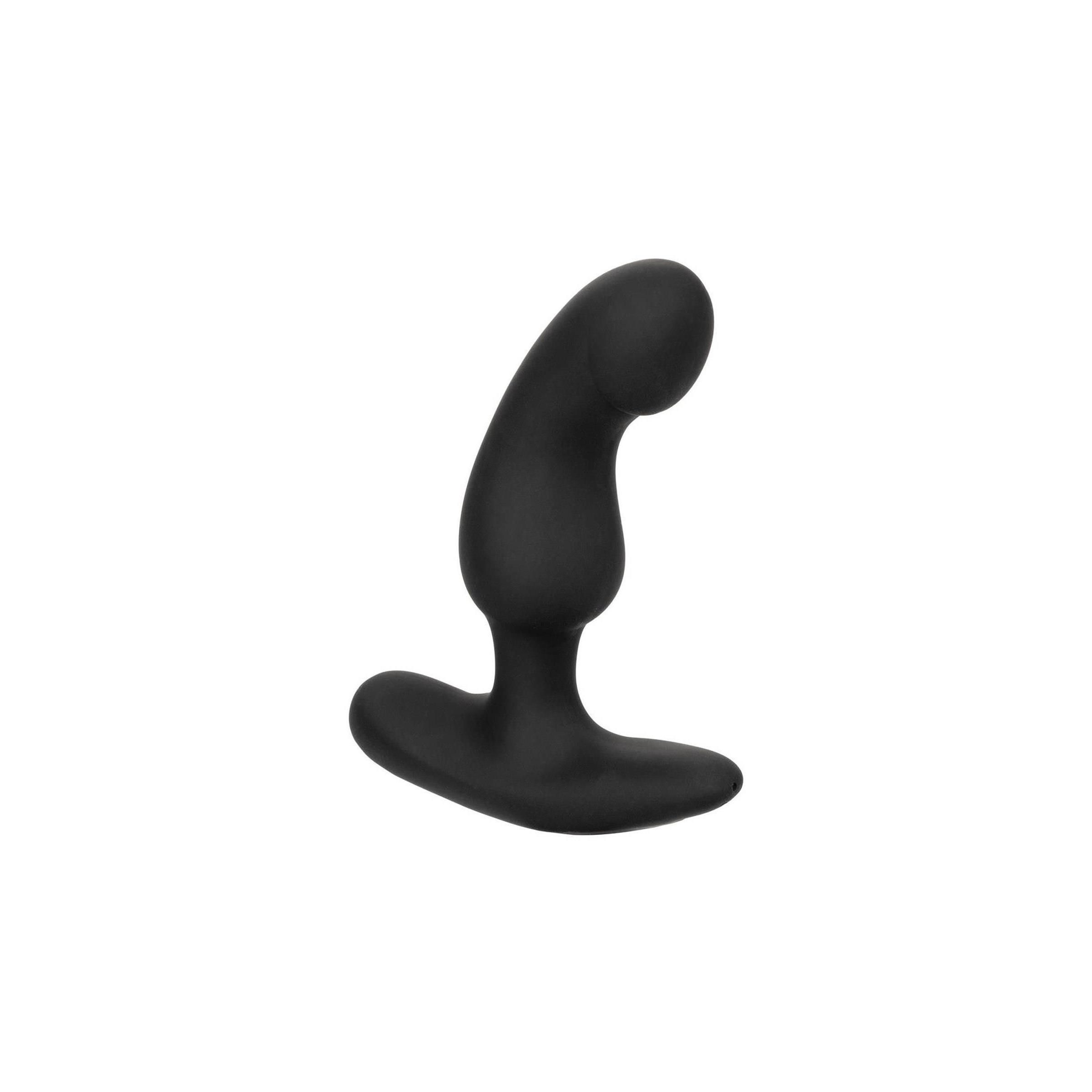 Schwarzer, gebogener Anal-Stimulator. Gebogene Form mit abgerundeter Spitze und T-förmiger Basis. Aus schwarzem Material.