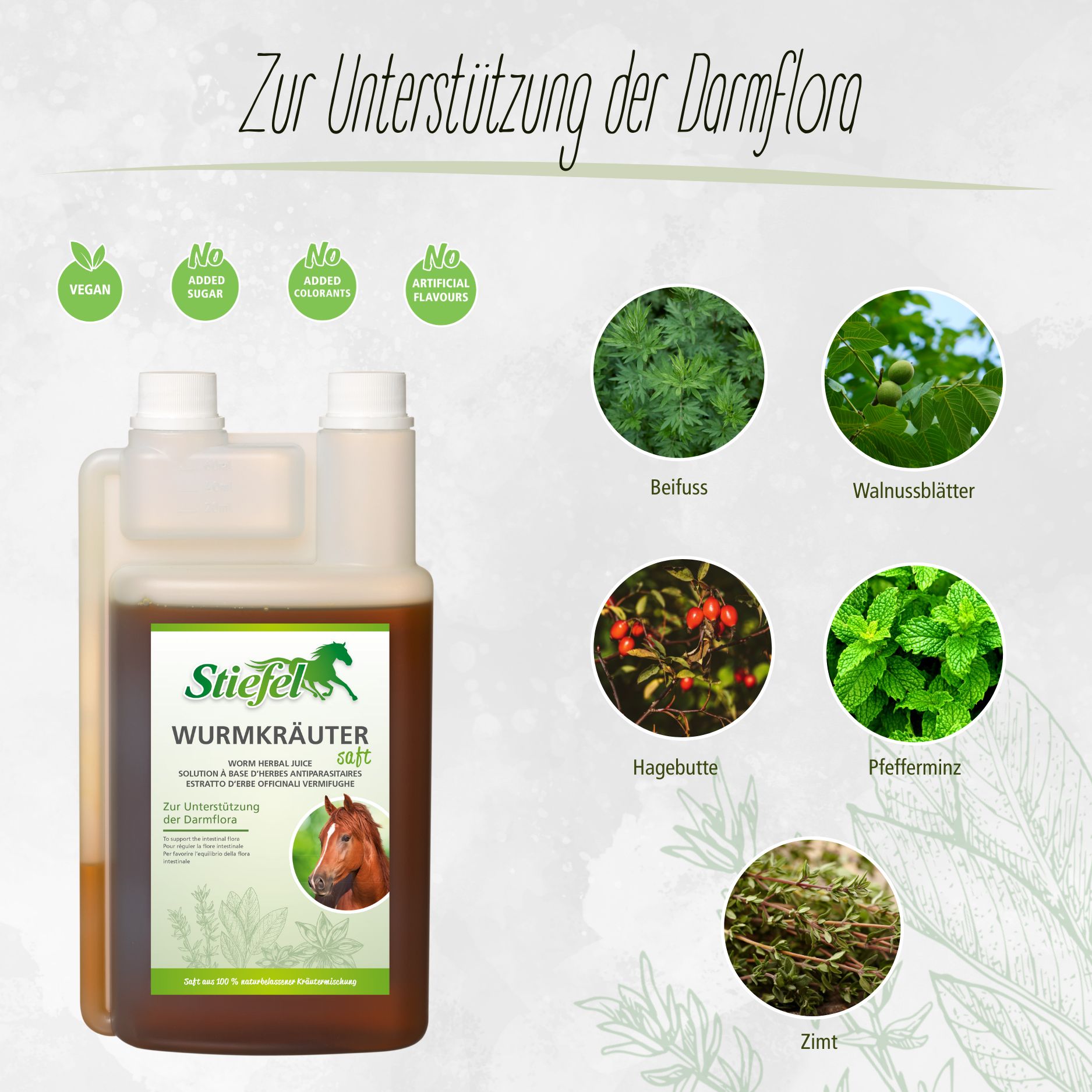 Beige Flüssigkeit in einer Doppelkammerflasche. Aufschrift: Stiefel Wurmkräuter Saft. Abgebildet sind Kräuter: Beifuss, Walnussblätter, Hagebutte, Pfefferminze, Zimt.