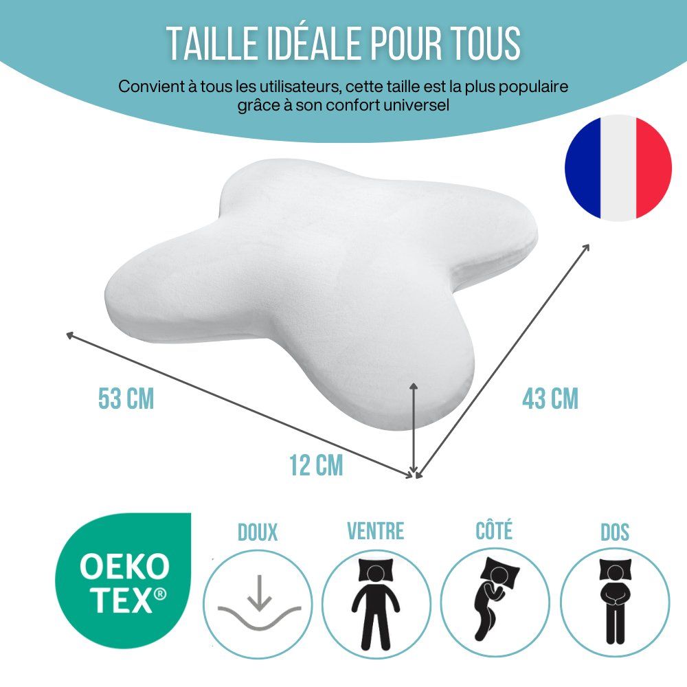 Oreiller papillon blanc avec dimensions : 53x43x12 cm. Certification Oeko-Tex. Drapeau français.
