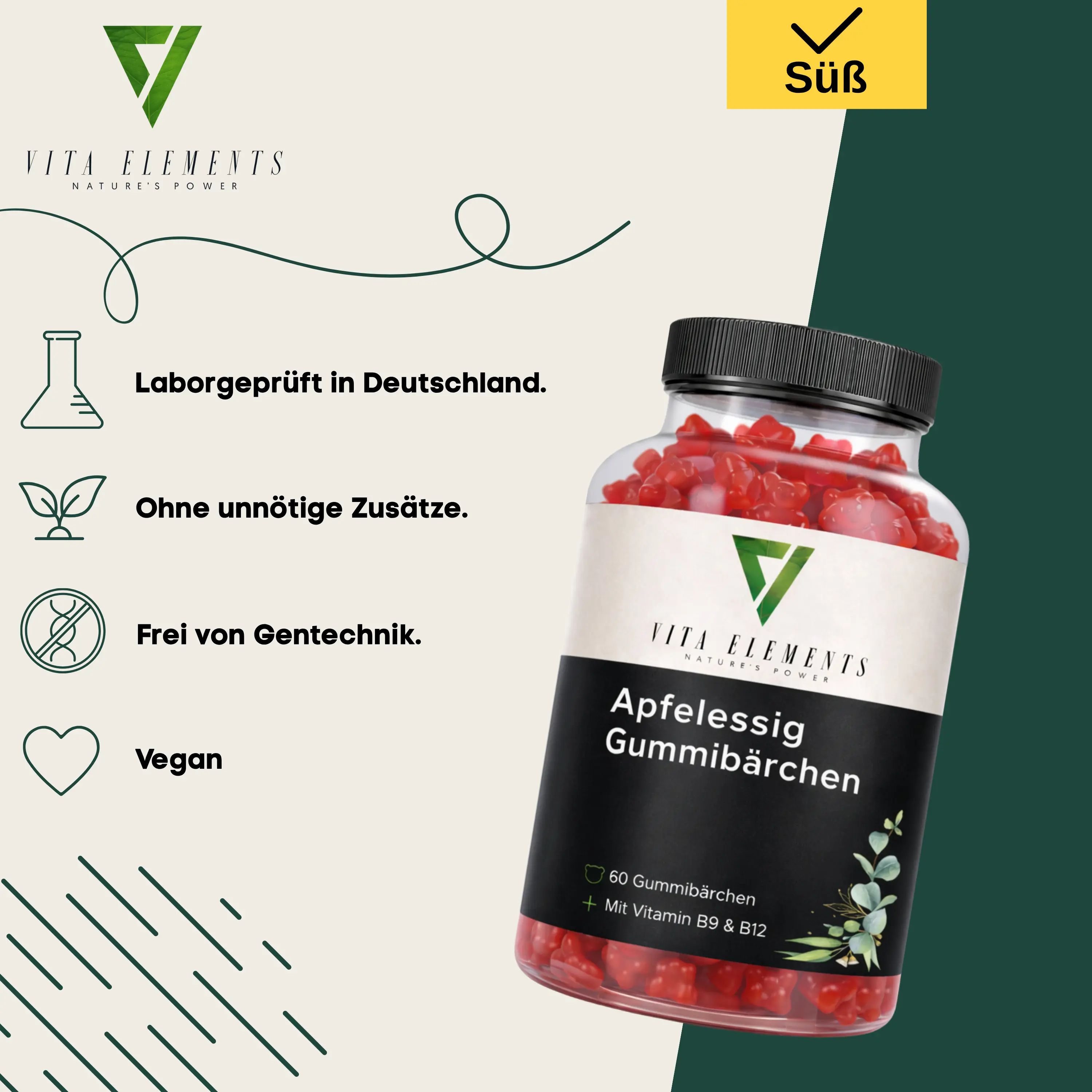 Flasche mit Apfelessig Gummibärchen, umgeben von Icons für Laborprüfung, ohne Zusätze, Gentechnikfrei und Vegan.