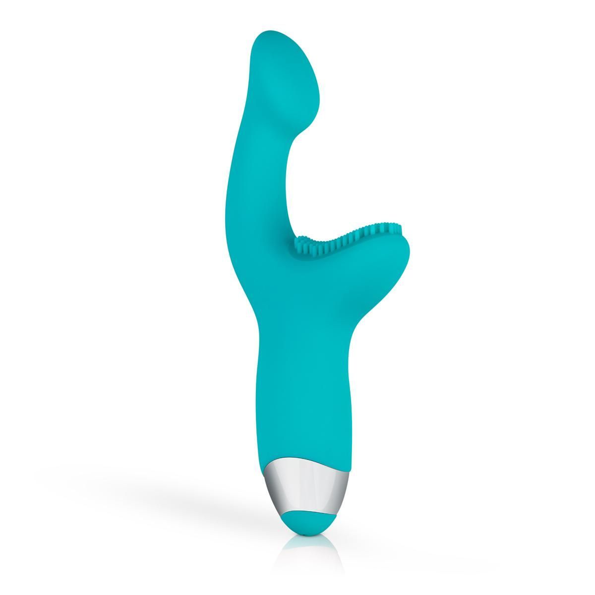 Vibrateur turquoise, forme incurvée, pointe striée. Base argentée.