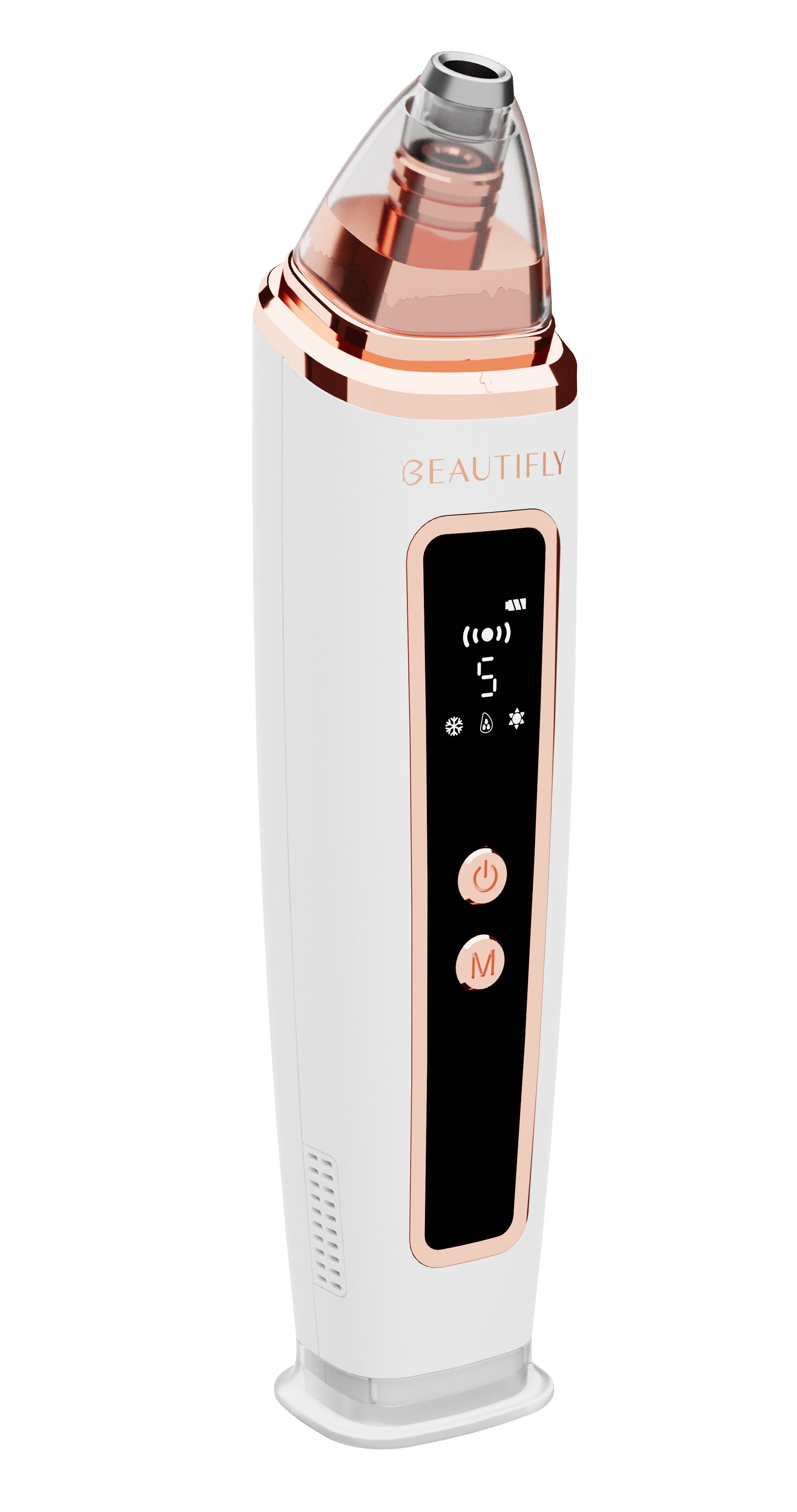 Weißes Gerät mit roségoldenen Akzenten. Anzeige mit Symbolen und Ziffern. Aufschrift BEAUTIFLY.