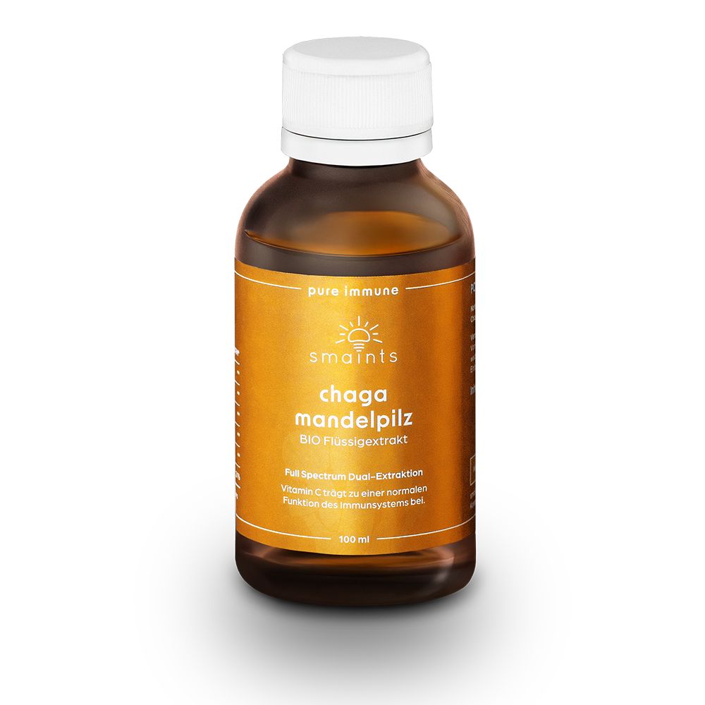 Braune Glasflasche mit weißem Deckel. Etikett mit Produktname, Inhaltsstoffen und Logo. Inhalt: 100 ml.