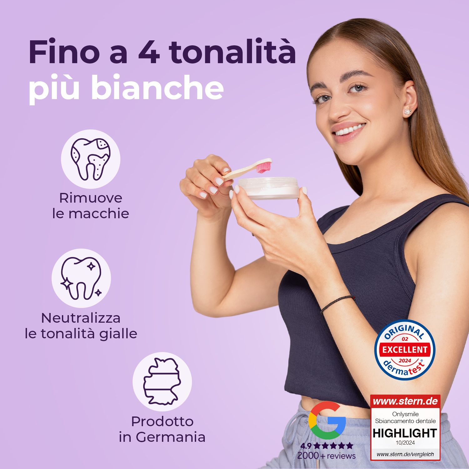 Donna con polvere sbiancante. Grafici che mostrano i vantaggi. Sigillo Dermatest.