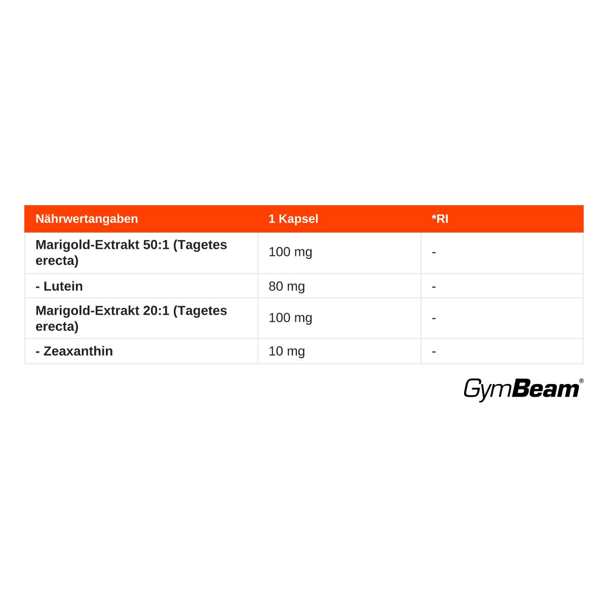 Nährwertangaben für GymBeam Lutein + Zeaxanthin Kapseln.