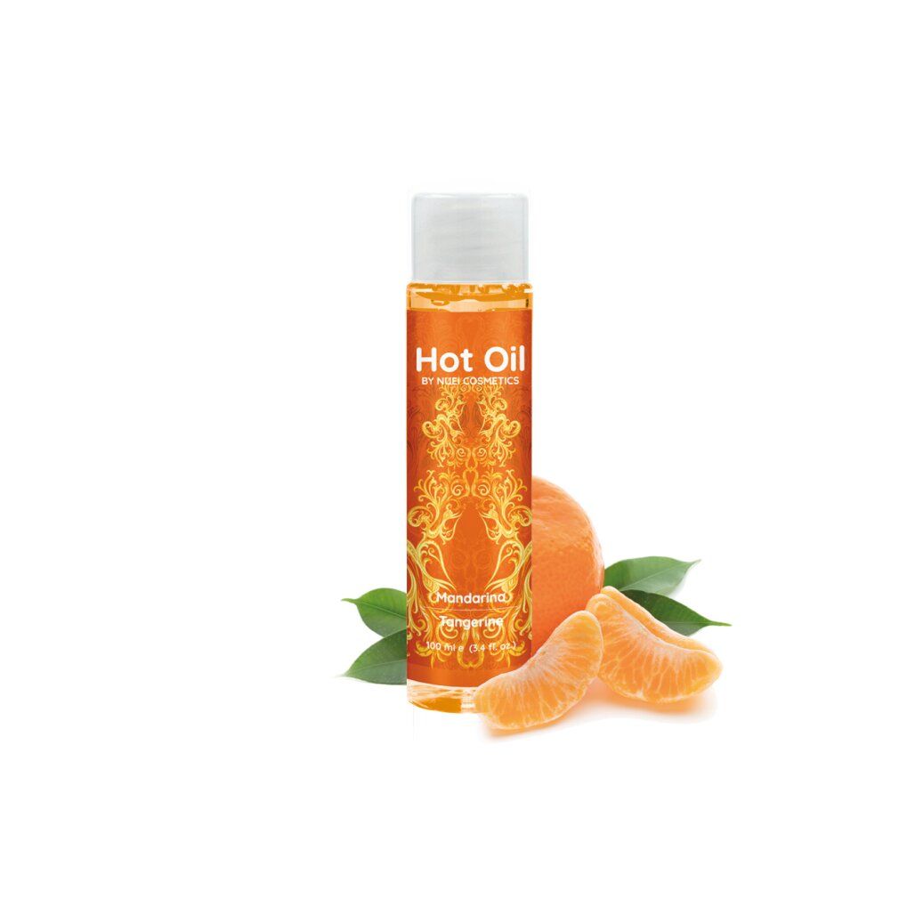 Massageöl-Flasche mit Mandarinen und Blättern. Aufschrift: Hot Oil, Mandarina, Tangerine. Marke: NUEI cosmetics.