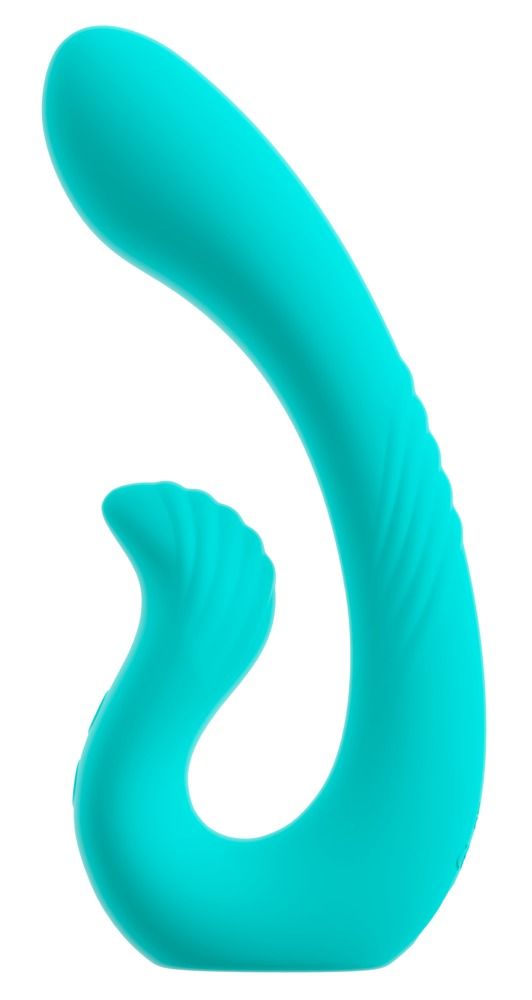 Türkisfarbener Vibrator mit geschwungener Form. Ein Ende ist wellenförmig, das andere länglich.