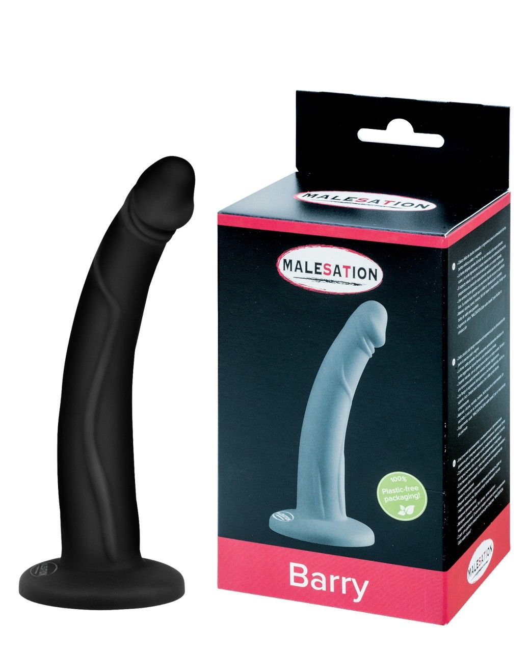 Schwarzer Dildo mit Basis, neben Verpackung. Verpackung mit Logo und Produktname. Aufschrift: Barry.
