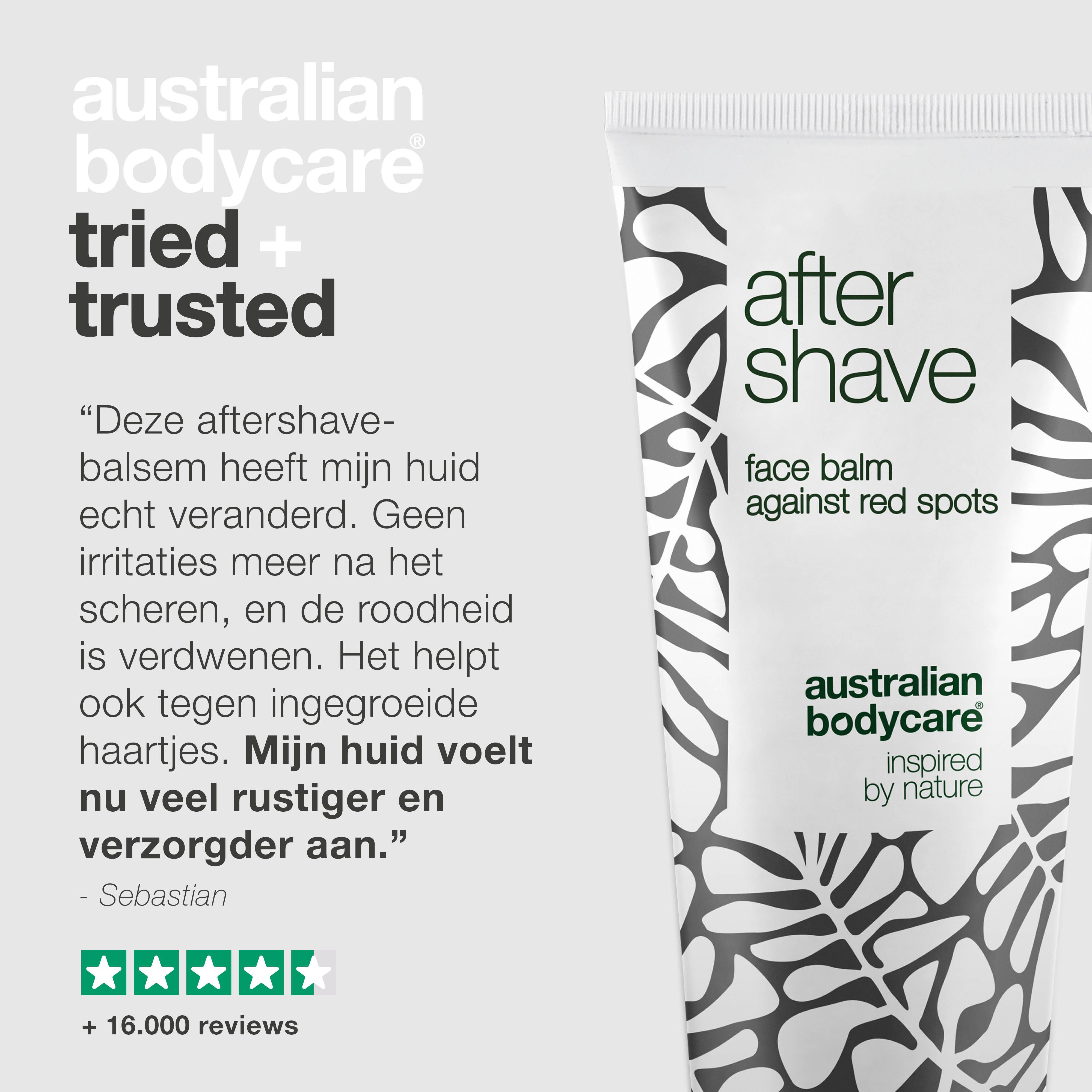 Product en druppel. Tekst: After Shave, face balm. Merk: Australian Bodycare. Extra teksten.