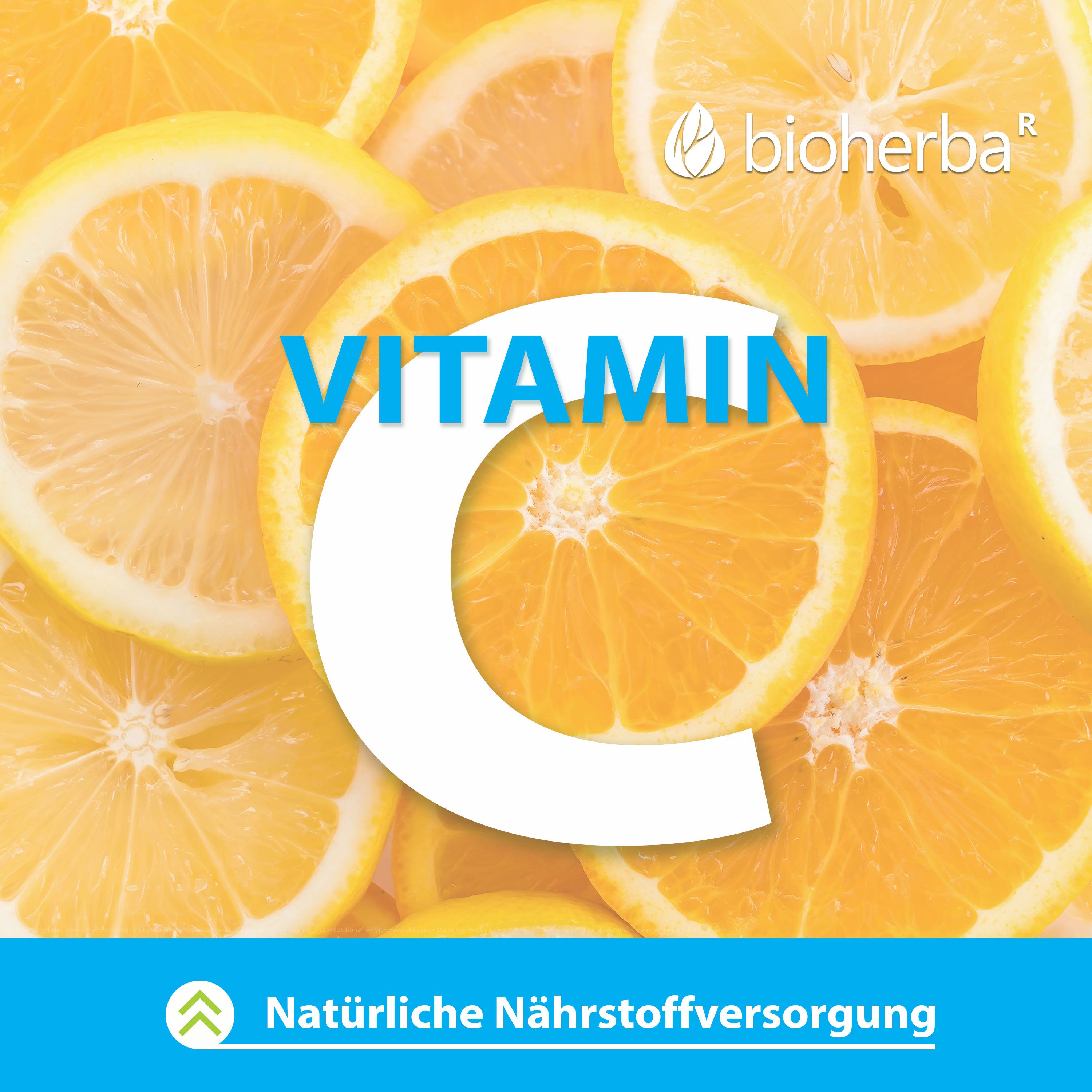 Zitronenscheiben mit Vitamin C-Schriftzug. Text: Natürliche Nährstoffversorgung. Logo: Bioherba.