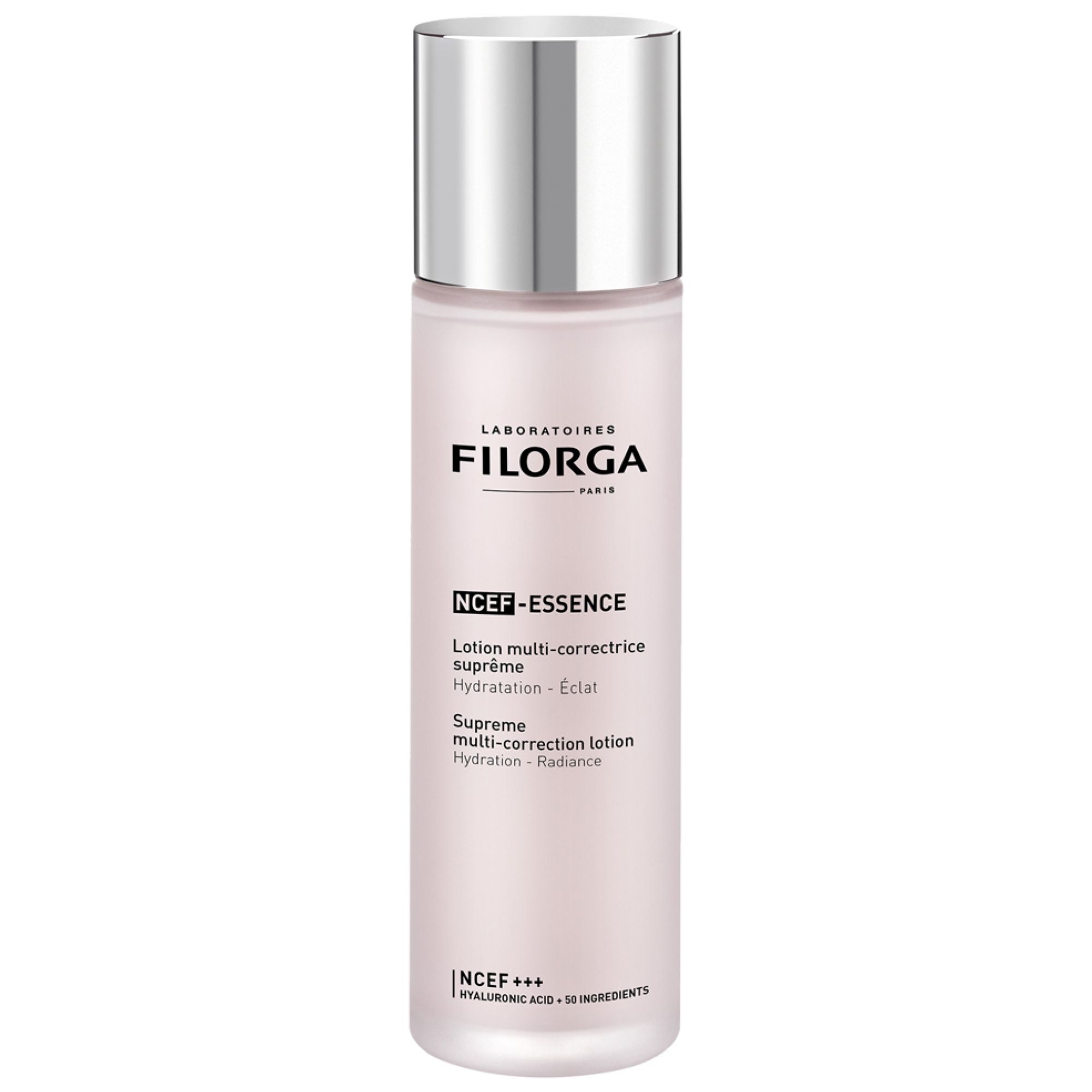 Filorga NCEF-ESSENCE Supreme Multi-Correction Lotion in einem transparenten Flakon mit silbernem Spender.