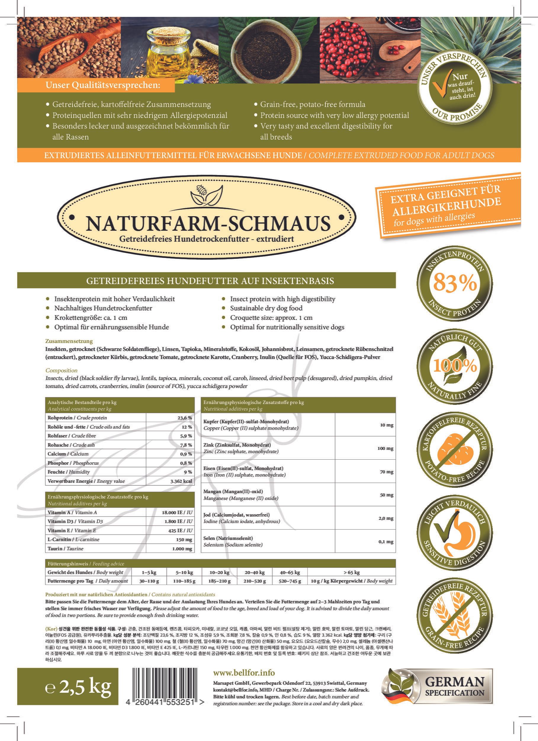 Verpackung Trockenfutter mit Insekten. Text: Naturfarm-Schmaus, getreidefreies Hundefutter, 2,5 kg. Siegel: 83% tierisches Eiweiß, natürlich, empfindliche Verdauung.