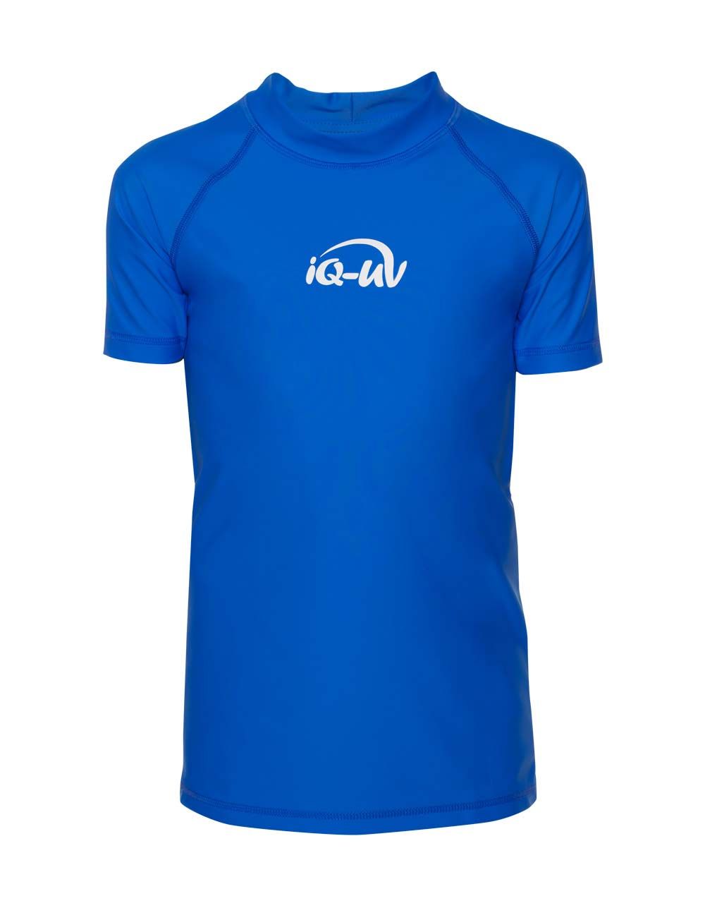 Blaues Kinder-UV-Shirt mit kurzem Arm und Stehkragen. Weißes Logo auf der Brust.
