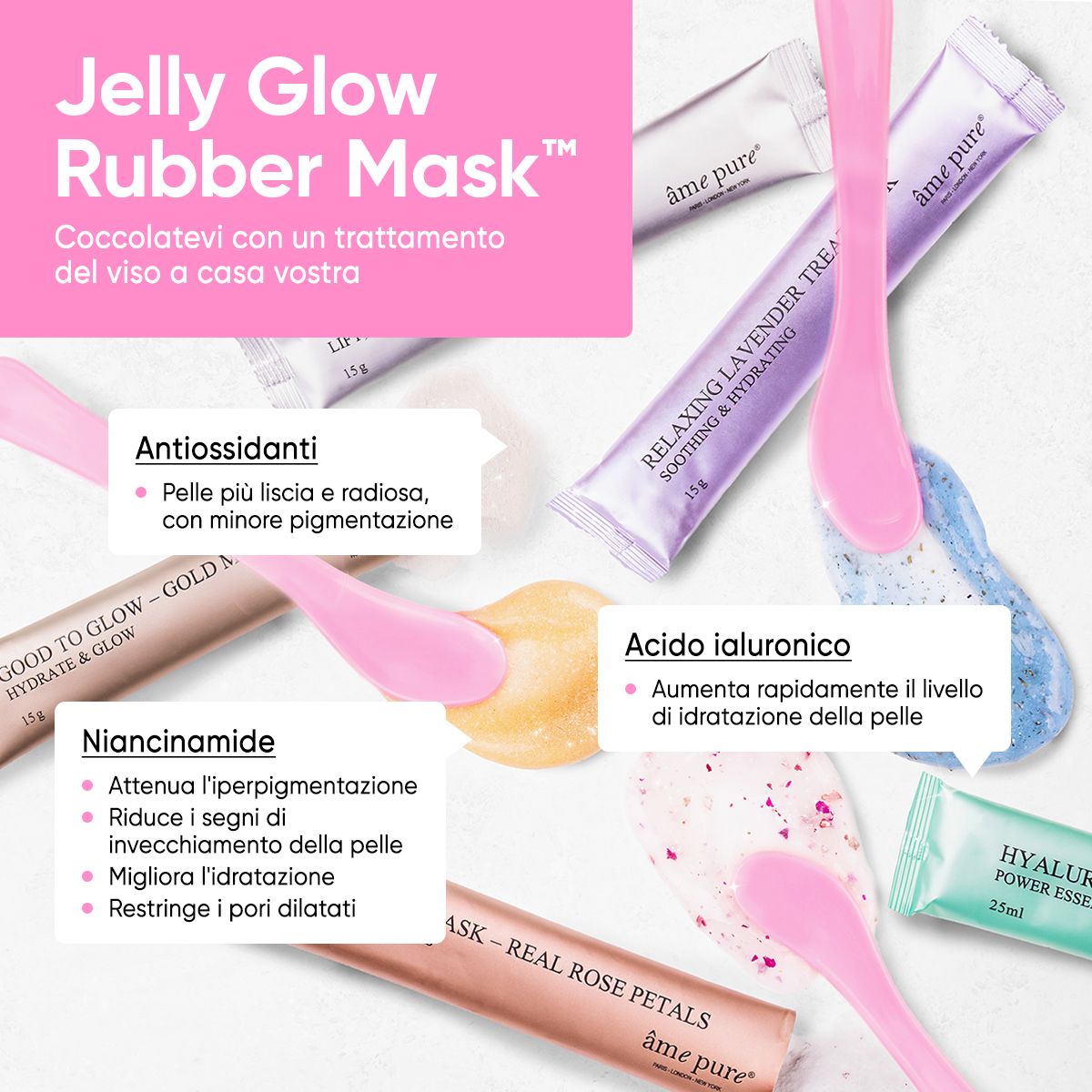 Infografica con immagini di prodotti. Jelly Glow Rubber Mask. Testo in italiano. Nomi dei prodotti e ingredienti.