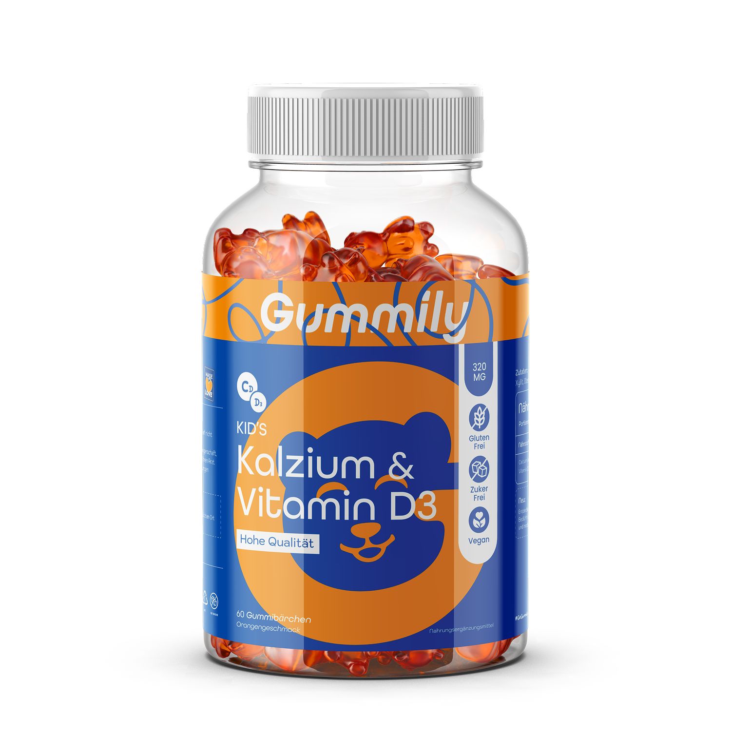 Glasflasche mit Gummibärchen. Aufschrift: Gummily, Kids Kalzium & Vitamin D3. Orange-blaues Etikett.