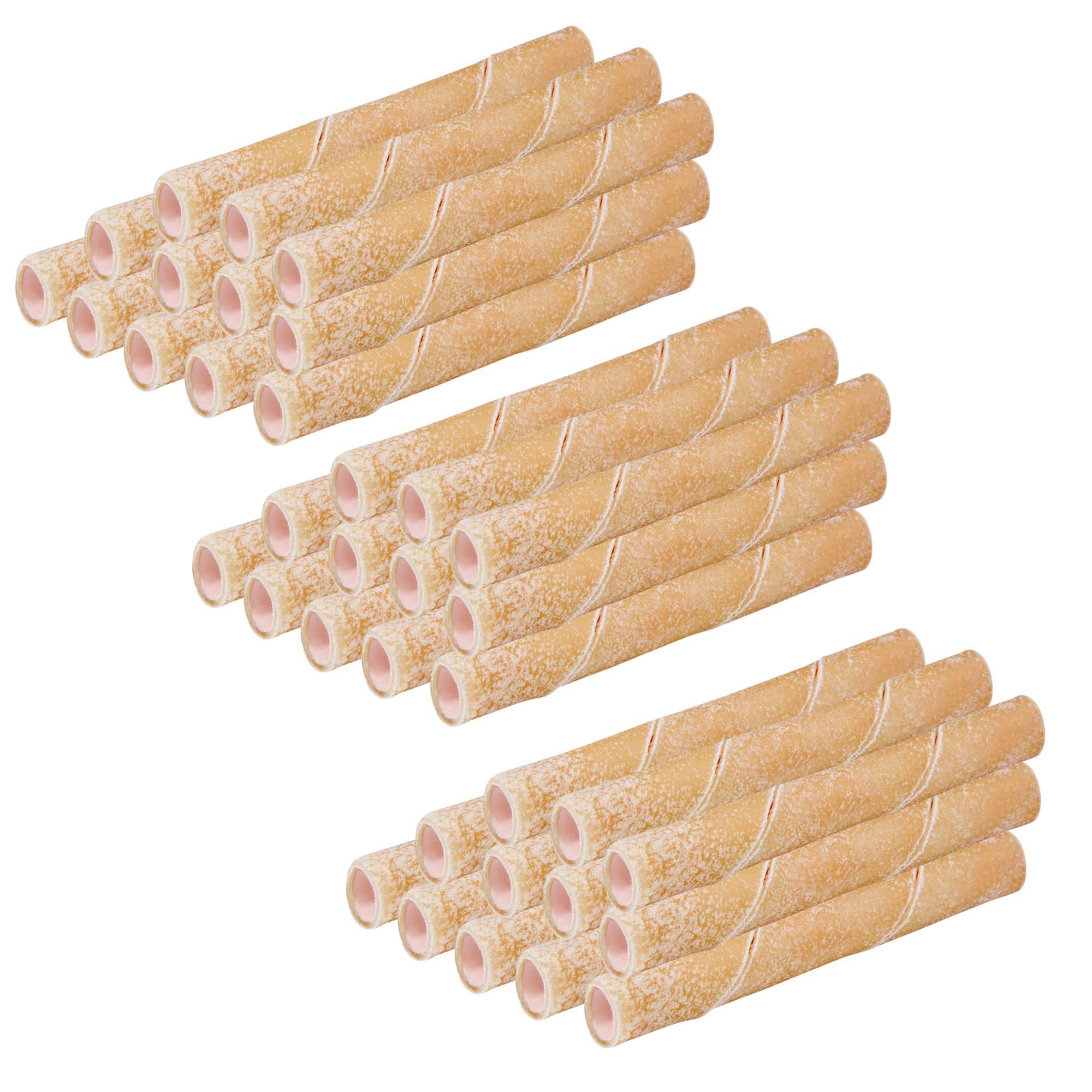 Mehrere Stapel gefüllter Kaurollen aus Büffelhaut. Die Rollen sind spiralförmig gewickelt und haben eine rosa Füllung.