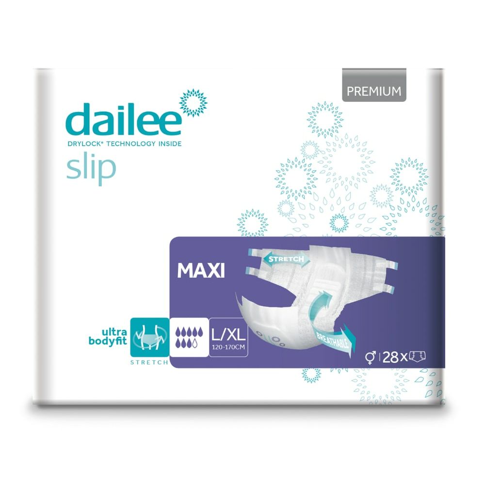 Verpackung mit Dailee Slip Premium Maxi. Aufdrucke: Maxi, L/XL, 128 Stück. Marke Dailee, Premium-Qualität.