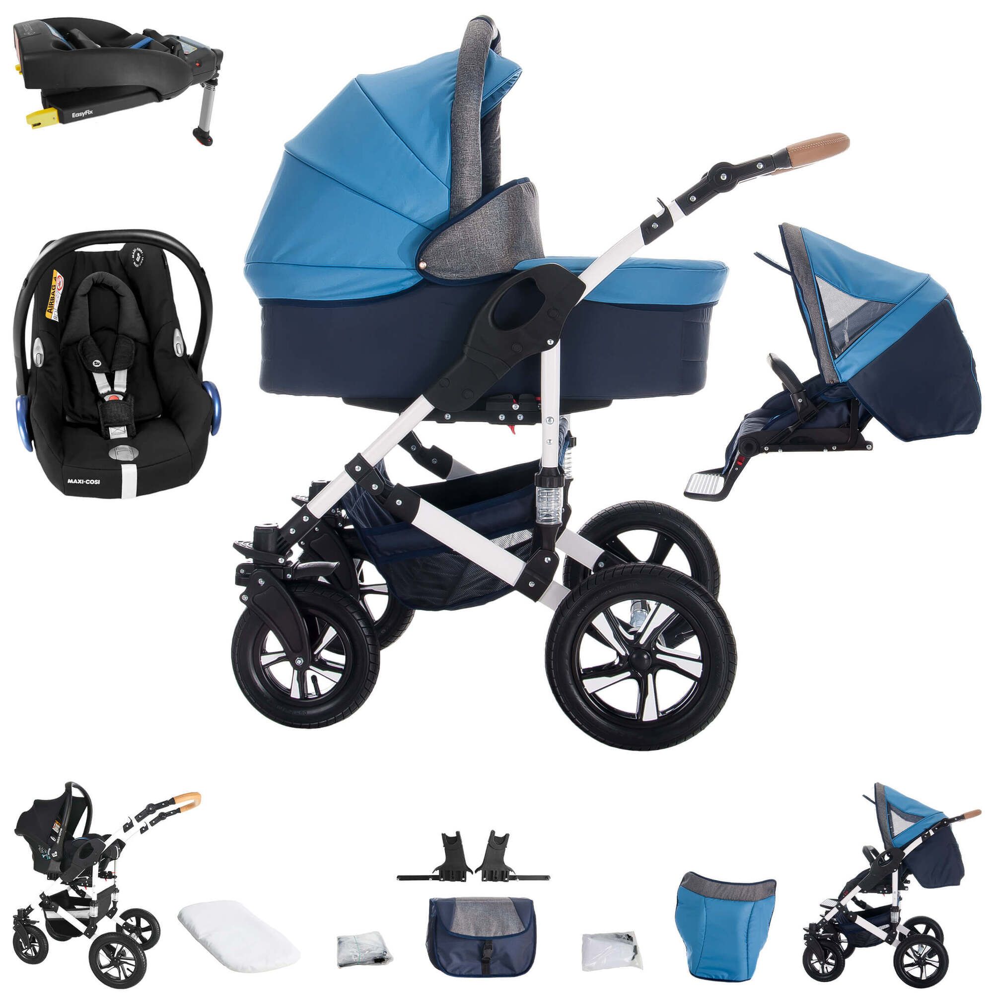 Kinderwagen-Set mit blauem Verdeck, Babywanne, Maxi Cosi, FamilyFix Station und Zubehör. Schwarze Räder, weißes Gestell.