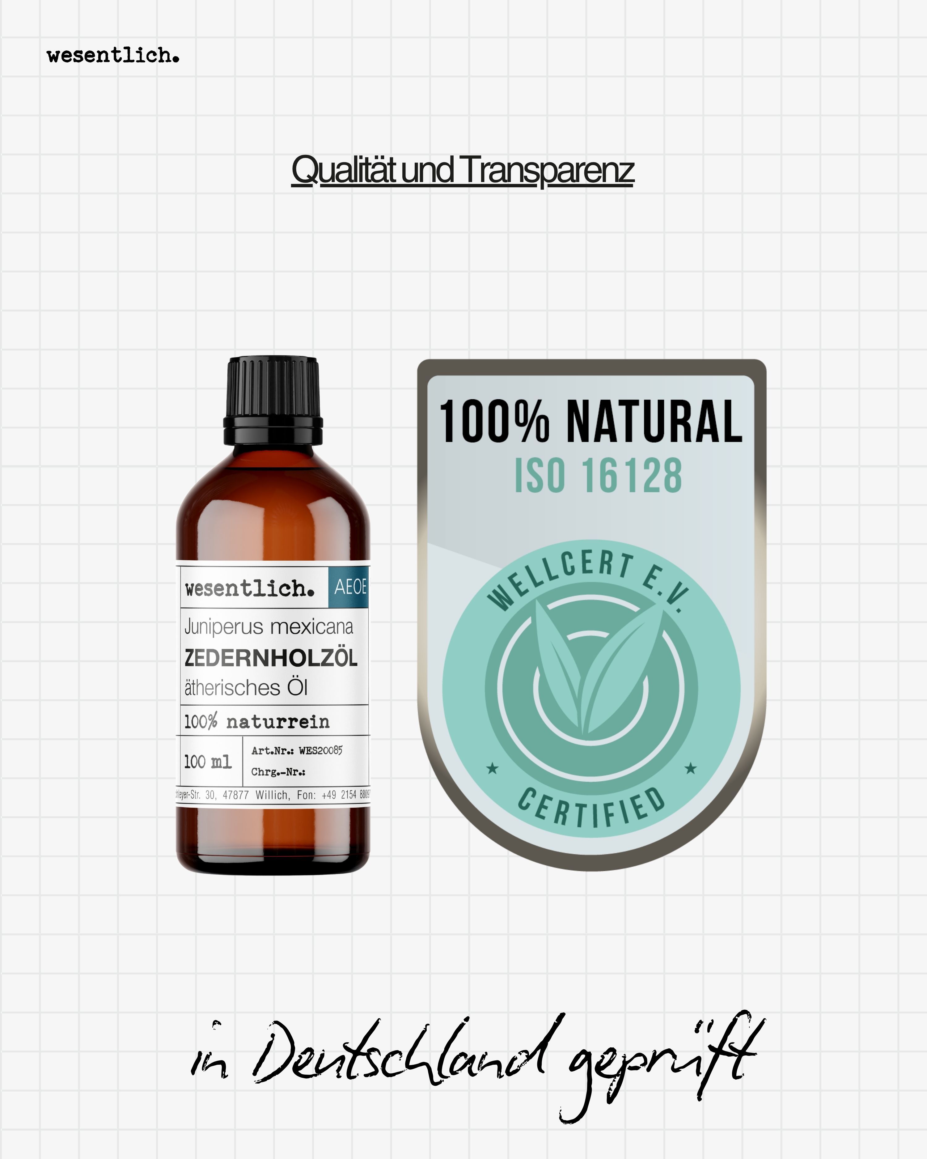 Flasche Zedernholzöl neben einem Siegel '100% Natural ISO 16128 Certified'.