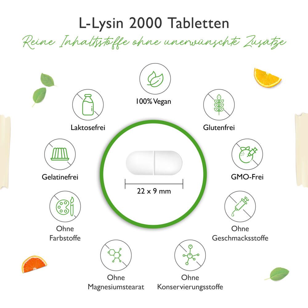 Weiße Kapsel, 22x9mm, umgeben von Icons: vegan, laktosefrei, glutenfrei, ohne Farbstoffe, GMO-frei, ohne Geschmacksstoffe.