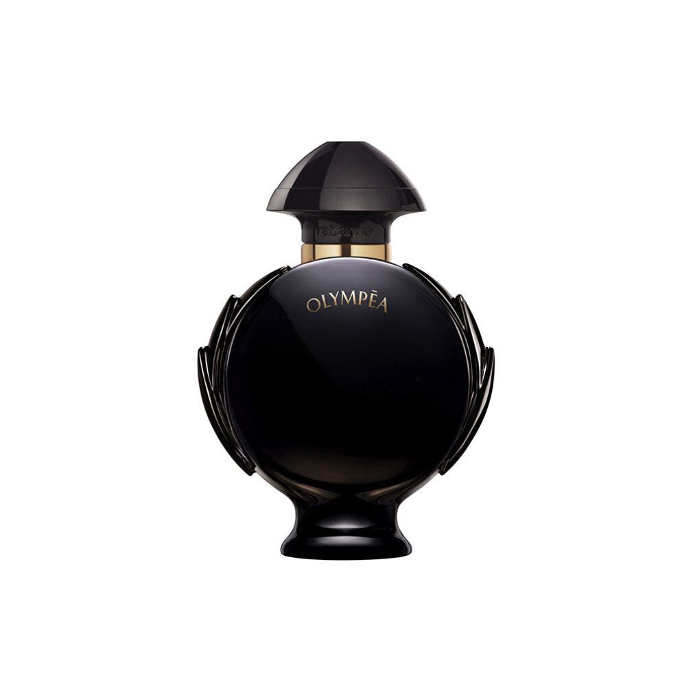 Schwarzer Flakon mit goldfarbenem Verschluss und Schriftzug. Runde Form mit dekorativen Elementen.