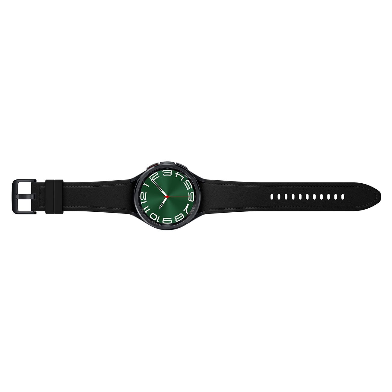 Smartwatch mit schwarzem Gehäuse und Armband. Grünes Zifferblatt mit weißen Ziffern. Schwarze Schnalle.