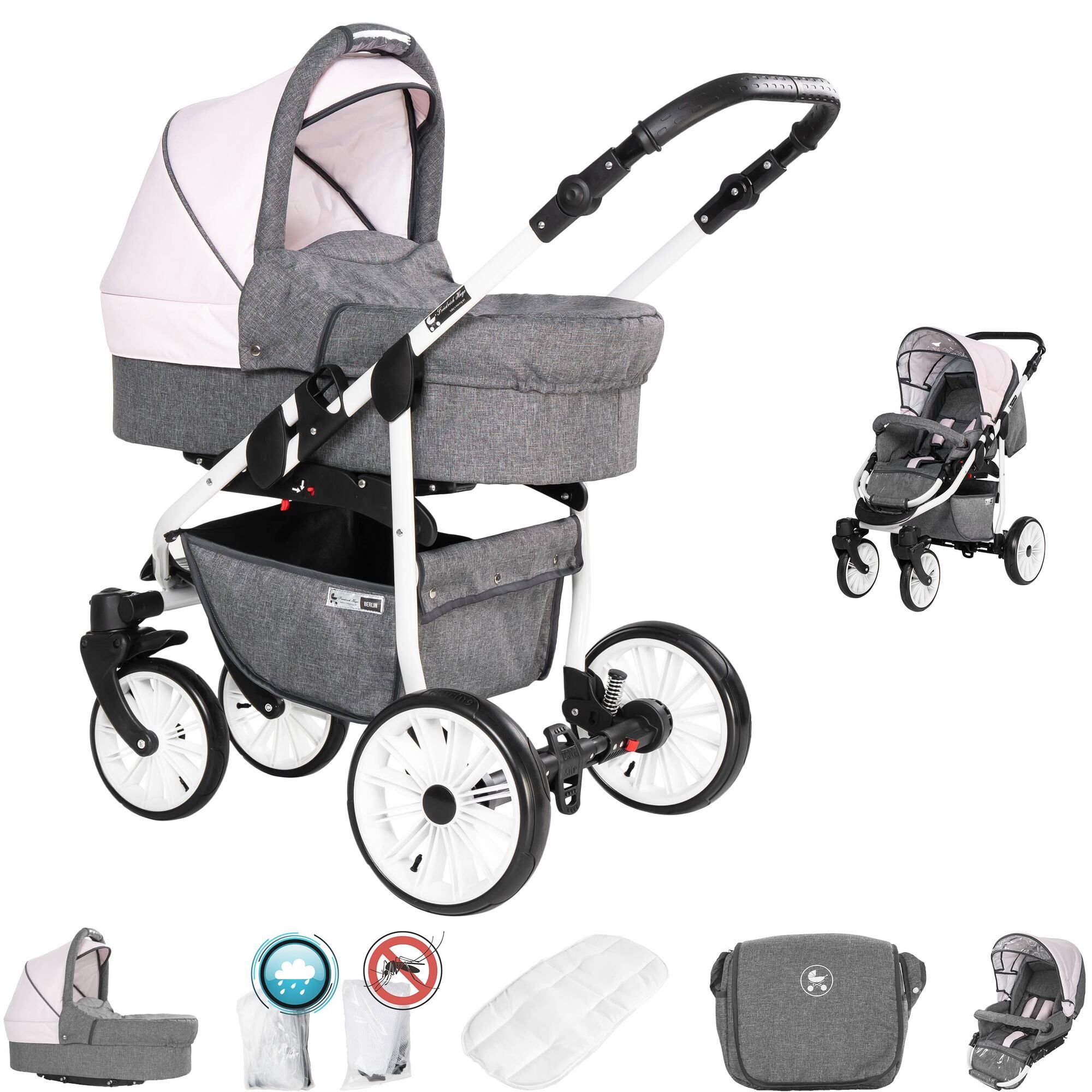 Kombikinderwagen, grau-rosa. Vier Räder, weißes Gestell, Babywanne und Sportaufsatz. Zubehör: Tasche, Moskitonetz, Regenschutz.