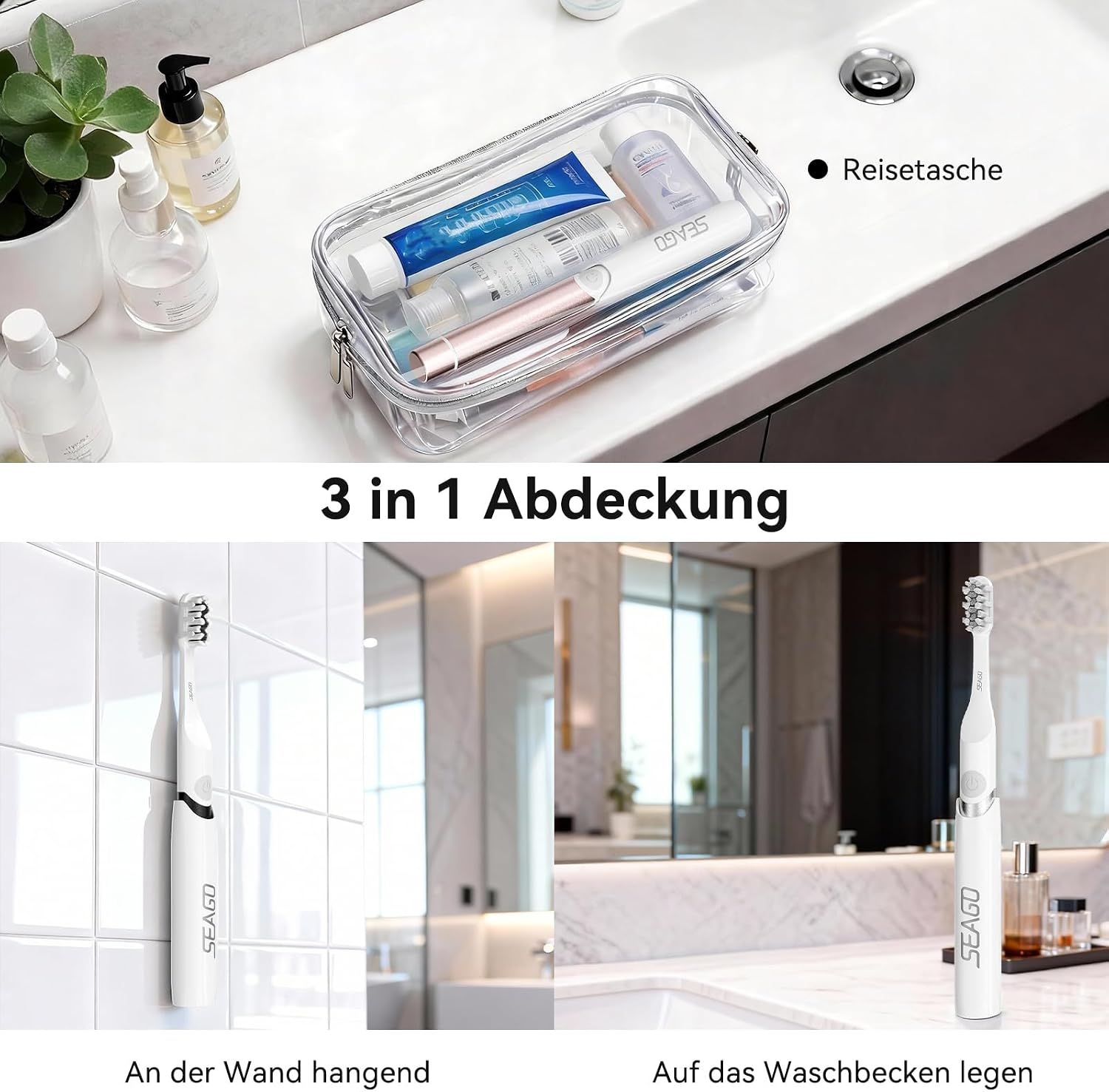 Reisetasche mit Zahnpflegeprodukten und elektrische Zahnbürste in drei Positionen.