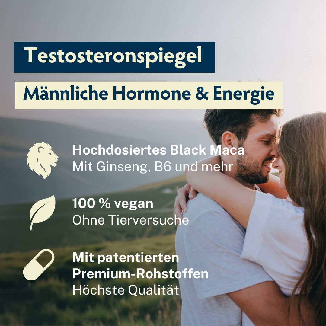Paar umarmt sich. Text: Testosteronspiegel, männliche Hormone & Energie, 100% vegan.
