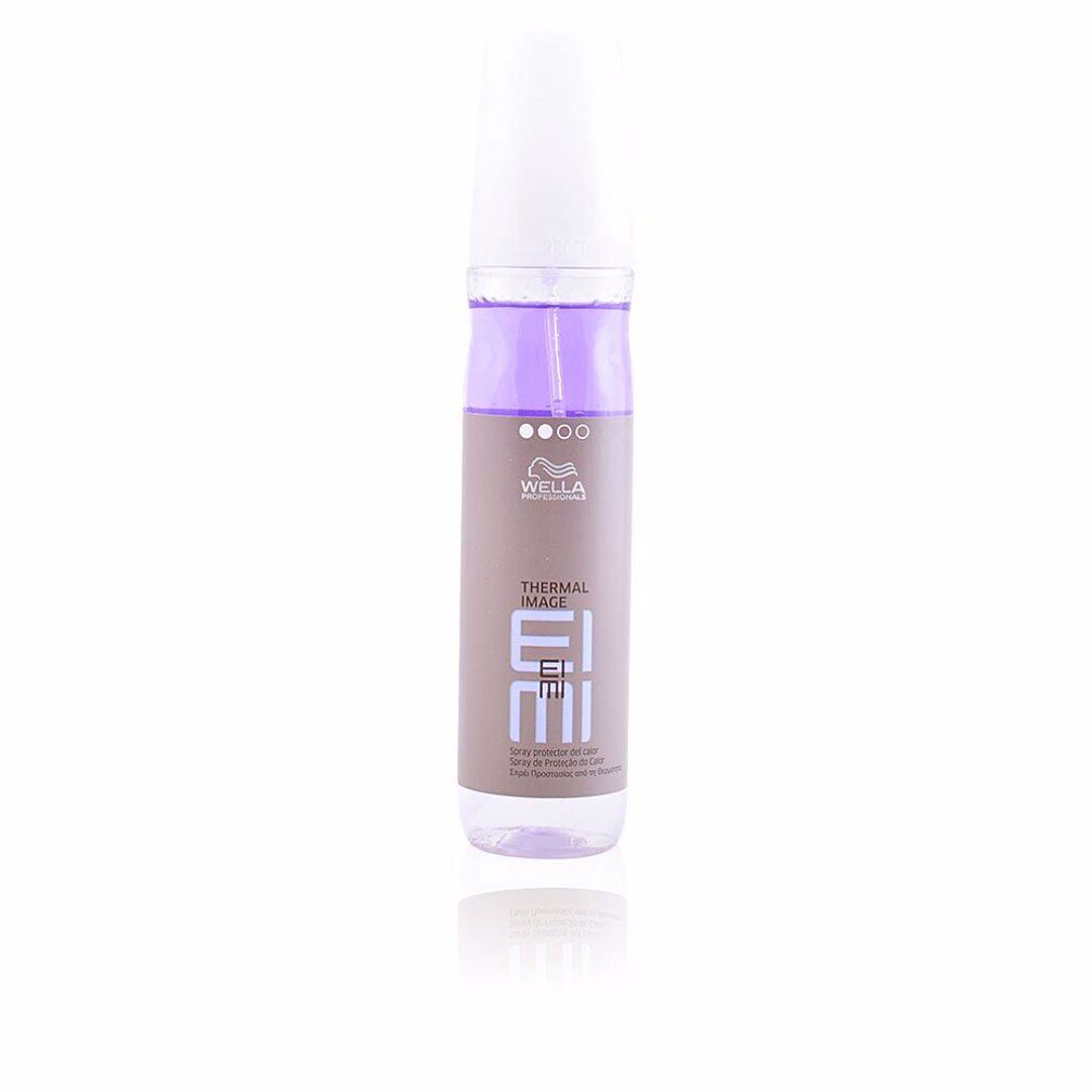 Sprayflasche mit weißem Deckel. Aufschrift: Wella Eimi Thermal Image. Produkt steht auf einer reflektierenden Oberfläche.