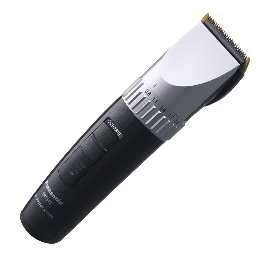 Schwarzer Bart- und Haarschneider mit silbernem Kopf. Einstellrad für Schnittlänge. Marke: Panasonic ER1512.