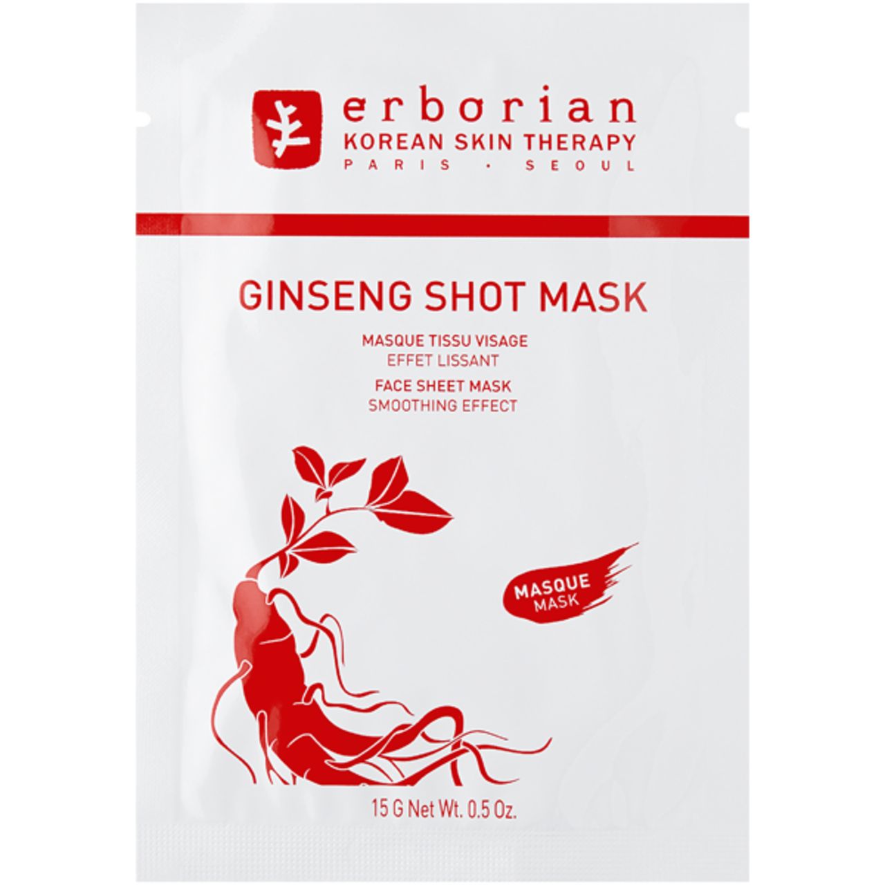 Erborian Ginseng Shot Mask. Weiße Verpackung mit roter Schrift und Ginseng-Illustration. Text: Face Sheet Mask, Smoothing Effect.