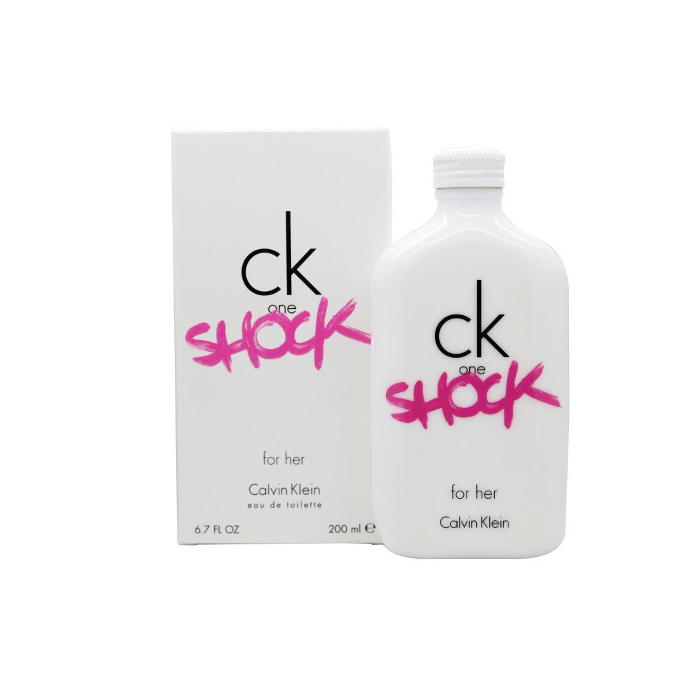 Weißes Parfümflakon und Verpackung. Aufschrift: ck one Shock for her. Rosa Schrift.
