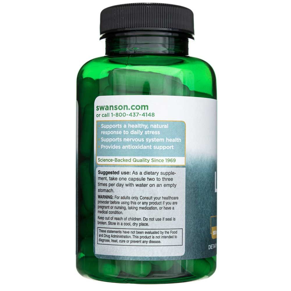Rückseite einer grünen Flasche mit L-Lysin-Kapseln, mit Anwendungshinweisen und Warnungen.