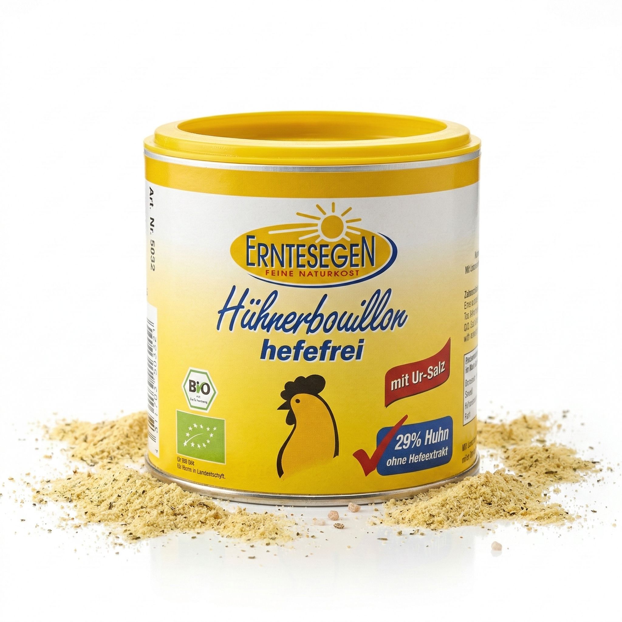 Erntesegen Hühnerbouillon hefefrei in gelber Dose, umgeben von Pulver, mit Huhn-Logo und Bio-Siegel.