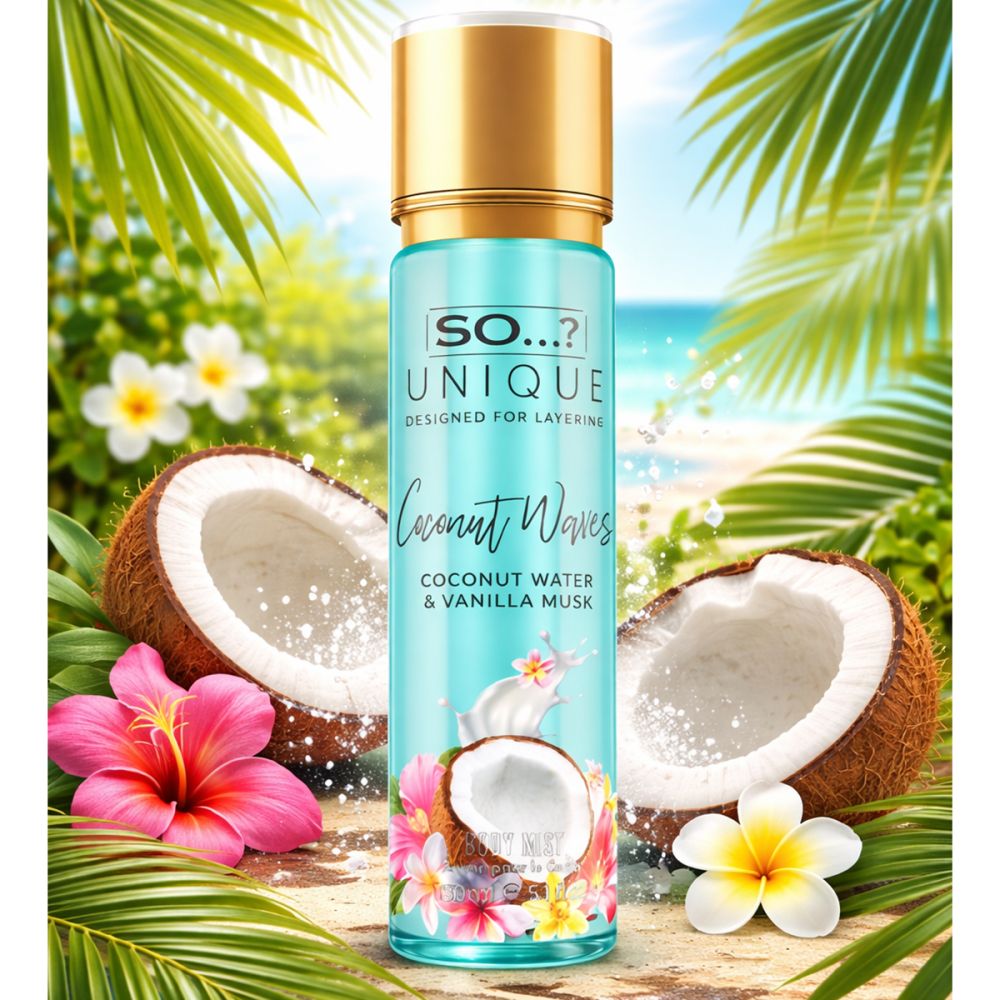 Türkisgrüne Sprühflasche mit goldener Kappe. Aufschrift: So Unique, Coconut Waves. Kokosnuss- und Blumen-Dekoration.