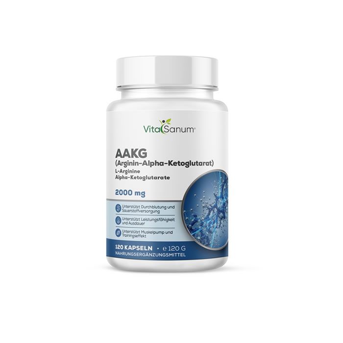 VitaSanum AAKG Kapseldose mit 120 Kapseln, 2000 mg pro Portion. Enthält L-Arginin-Alpha-Ketoglutarat.