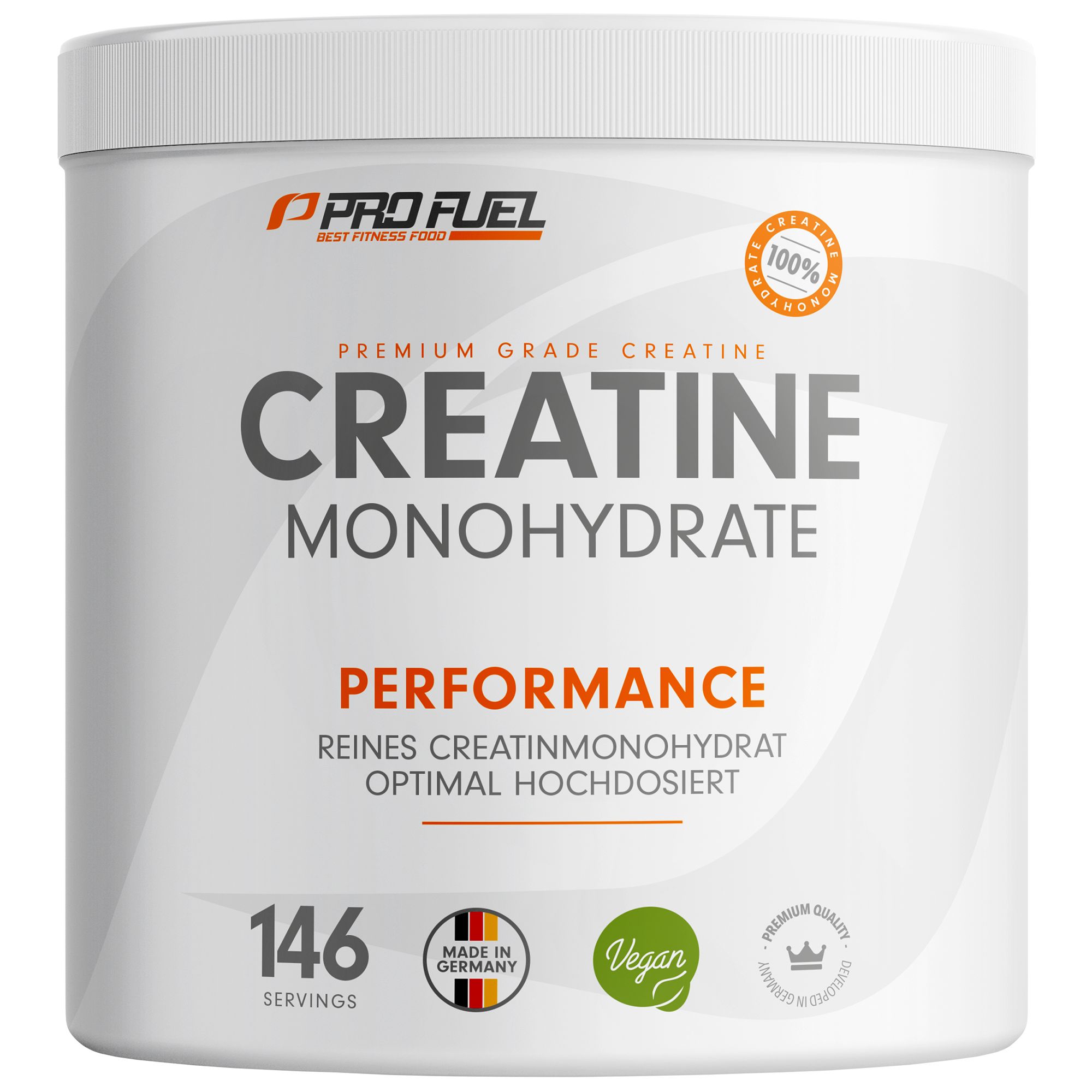 Weißer Behälter mit "Pro Fuel"-Logo und "Creatine Monohydrate" Schriftzug. 146 Portionen, 100% Creatin.