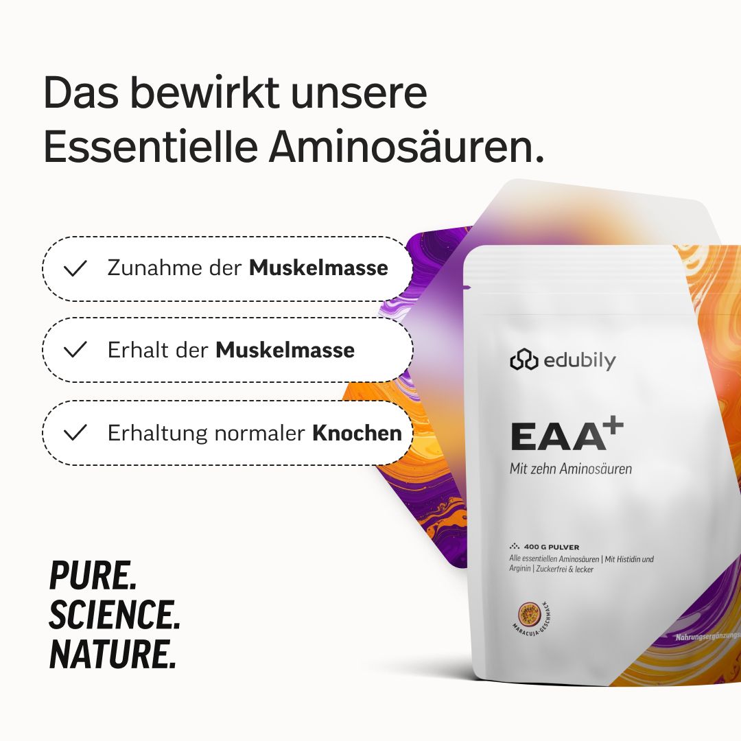 Vorteile von edubily essentiellen Aminosäuren: Zunahme der Muskelmasse, Erhalt der Muskelmasse, Erhaltung normaler Knochen. Pure. Science. Nature.