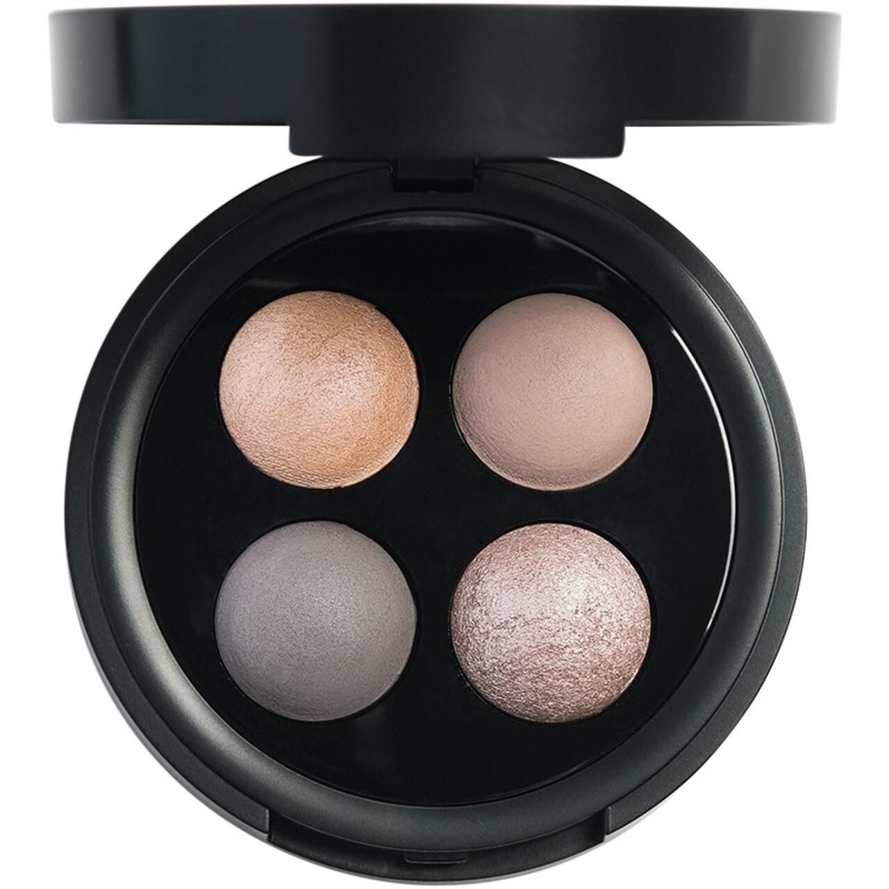 Runde, schwarze Lidschatten-Palette mit vier runden, gebackenen Mineral-Lidschatten in verschiedenen Farbtönen.